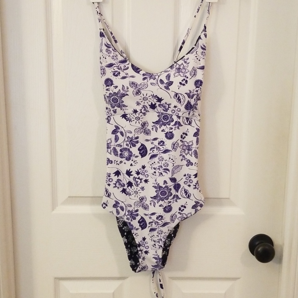 Reversible lace back one piece bathing suit